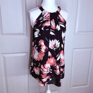The Limited Halter Blouse Womens Tall S Navy Coral Floral Pleated High Neck Top